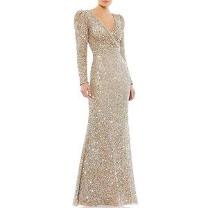 NWT Mac Duggal Gold Puff Shoulder Sequined Surplice Gown Shimmering Gold Size 8